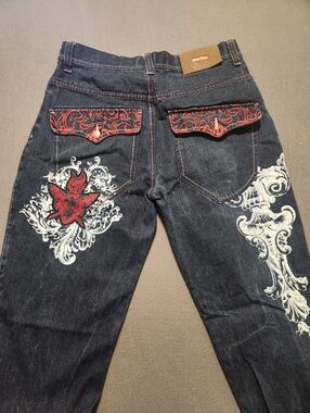 RAW BLUE Jeans Men Size 34x34 Rare Red Tab Vintage Wide Leg with Design Retro